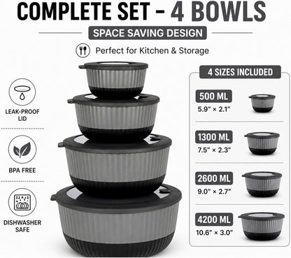 Dora Mixing Bowls with Lids Set, Nesting Kitchen Prep Bowls, BPA Free, Microwave & Dishwasher Safe, Food Prep and Storage Bowl Set – Black