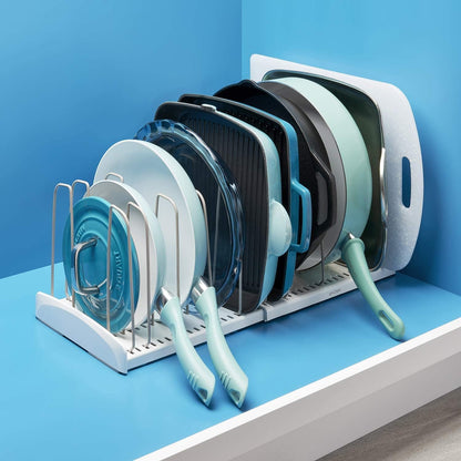YouCopia StoreMore Expandable Cookware Rack with Tall Steel Wires, 12.5"-22" Wide Adjustable Pan Organizer for Kitchen Cabinet Storage, Premium Edition