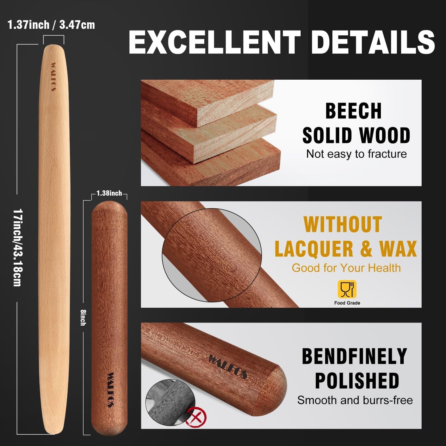 WALFOS French Rolling Pin and Silicone Baking Mat Set, Non-Stick Beech Wood Rolling Pin 15.7 Inch and Pastry Mat for Best Pie Crust, Cookie, Pasta and Pizza Dough