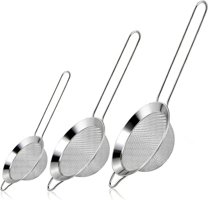 3 Pcs Fine Mesh Strainers with Handle, Stainless Steel Sifter Metal Strainer Set, Small Mini Sieve for Kitchen, Tea, Cocktail, Juice Coffee