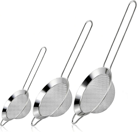 3 Pcs Fine Mesh Strainers with Handle, Stainless Steel Sifter Metal Strainer Set, Small Mini Sieve for Kitchen, Tea, Cocktail, Juice Coffee