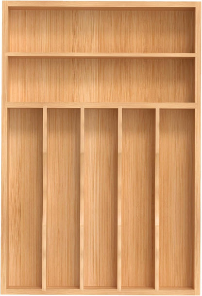 Bamboo Silverware Organizer, Kitchen Drawer Organizer, Utensil Holder, Cutlery Tray & Spoon Flatware Storage with Grooved Drawer Dividers (9.5''W x 13.5''D)