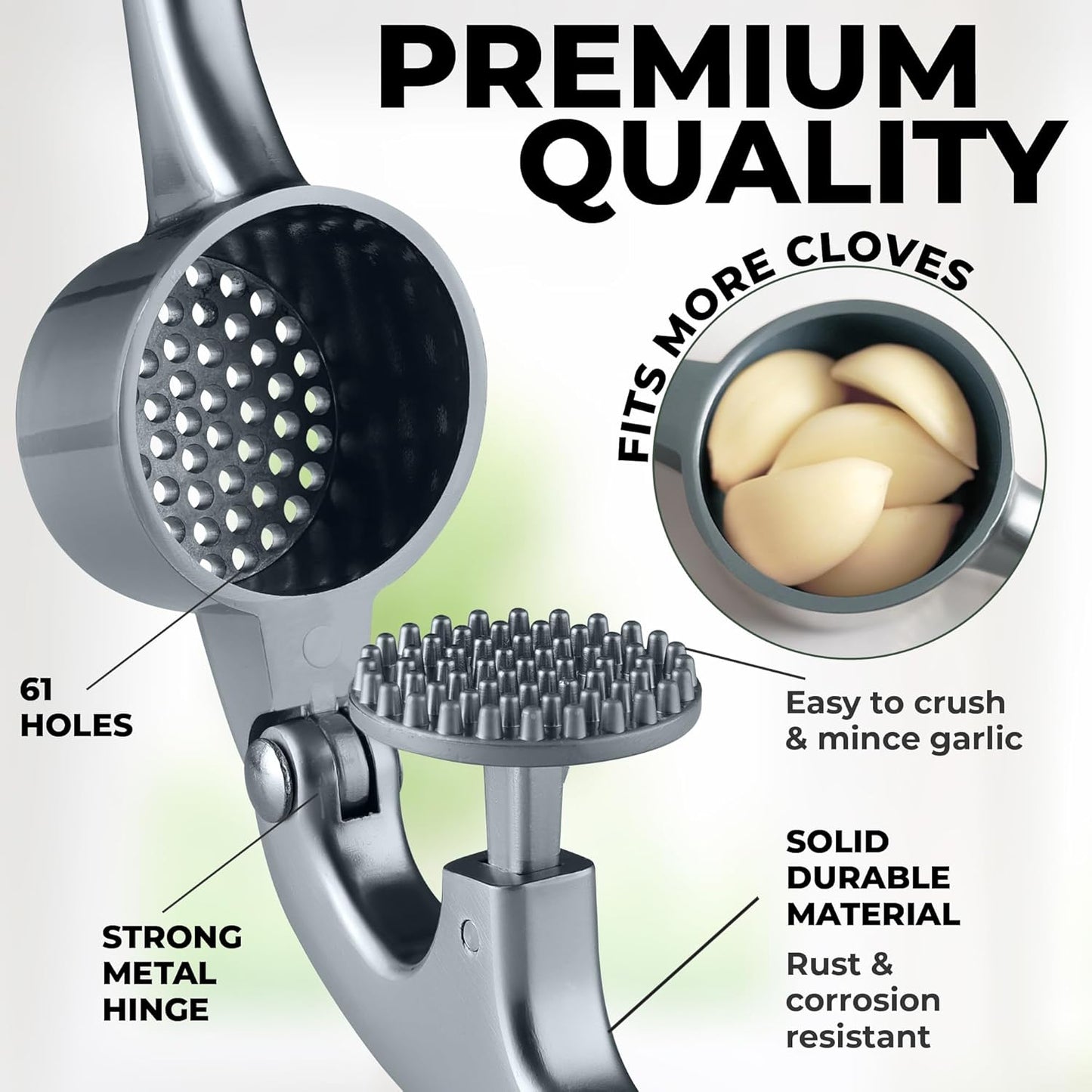 Zulay Kitchen Premium Garlic Press Set - Rust Proof Professional Garlic Mincer Tool - Easy-Squeeze, Easy-Clean with Soft, Ergonomic Handle - Silicone Garlic Peeler & Brush (Silver)