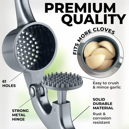Zulay Kitchen Premium Garlic Press Set - Rust Proof Professional Garlic Mincer Tool - Easy-Squeeze, Easy-Clean with Soft, Ergonomic Handle - Silicone Garlic Peeler & Brush (Silver)