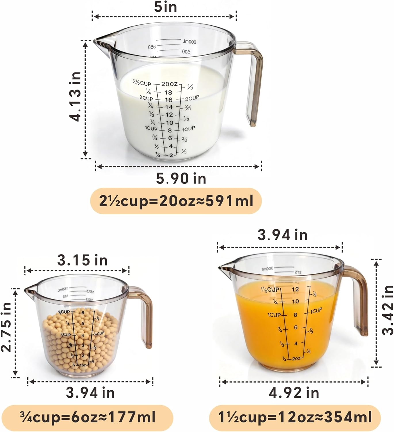 Measuring Cups Set, 3PCS with Pour Spout & Handle, Multi-Scale (cup | oz | ml) Stackable Liquid & Dry Plastic Measuring Tools for Baking Cooking, Essential Kitchen Gadgets (Coffee Brown)