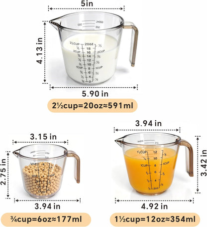 Measuring Cups Set, 3PCS with Pour Spout & Handle, Multi-Scale (cup | oz | ml) Stackable Liquid & Dry Plastic Measuring Tools for Baking Cooking, Essential Kitchen Gadgets (Coffee Brown)