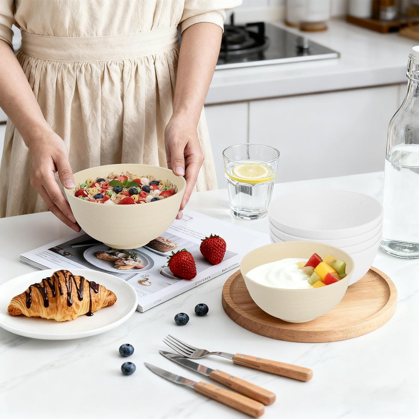 Wheat Straw Bowls Set with Lids, Unbreakable 40 OZ Cereal Bowls Set of 4, Salad Container for Lunch, Microwave & Dishwasher Safe Bowl Set for Kitchen, Picnic, RV, Camping, Multi