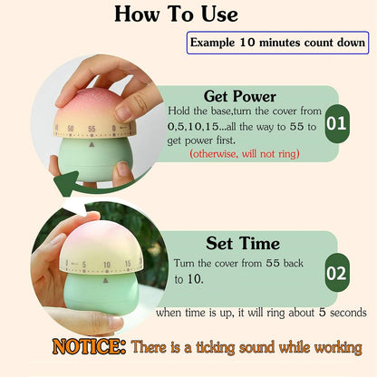 Cute Mushroom Timer for Kids, High Volume Mechanical Kitchen Timer, Wind Up 60 Minutes Manual Countdown Timer for Classroom, Home, Study and Cooking (Green)
