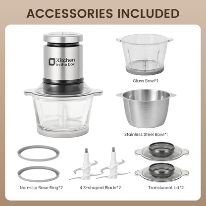 Kitchen in the box Food Processor, Electric Meat Grinder & Food Chopper with 400W Powerful Veggie Chopper-2 Bowls（8 Cup+8 Cup） & 2 Bi-Level Blades for Meat/Fish/Vegetable/Baby Food（Sliver Button）