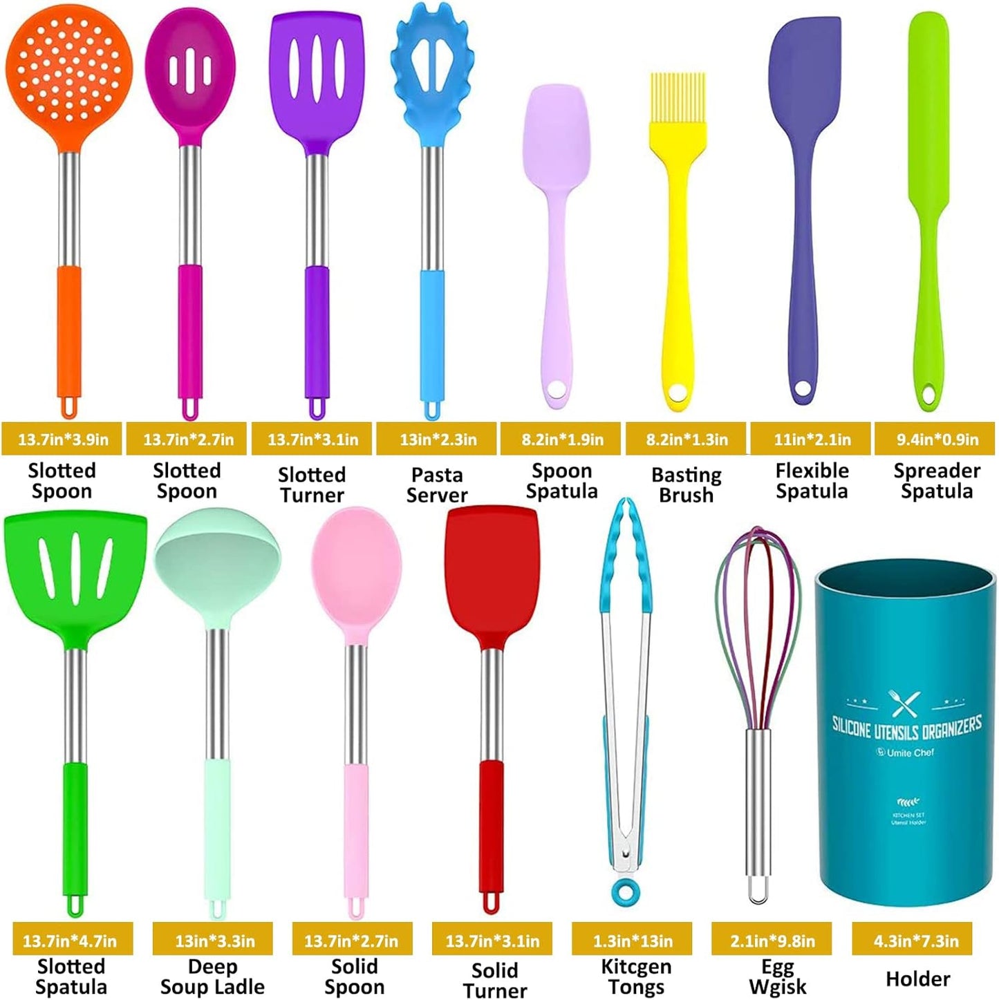 Silicone Cooking Utensil Set, Umite Chef 15pcs Silicone Cooking Kitchen Utensils Set, Non-stick - Best Kitchen Cookware with Stainless Steel Handle - Black Kitchen Utensils