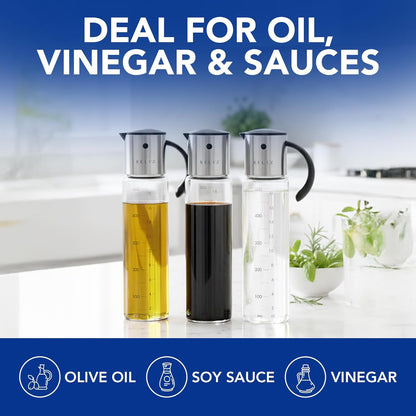 Large Olive Oil Dispenser Bottle, 17oz Glass Oil Dispenser for Kitchen with Drip-Free Stainless Steel Spout, Leak-Proof, with Measurement Markings for Cooking, Vinegar, & Soy Sauce - Dishwasher Safe