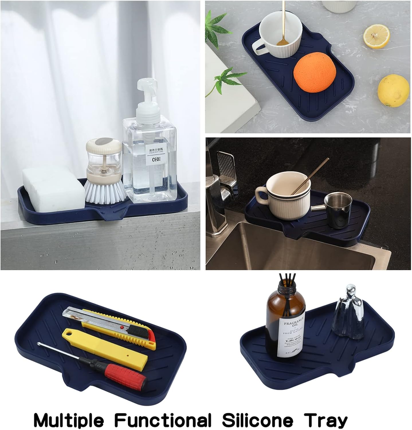 MicoYang Silicone Soap Dish with Drain Spout, Self-Draining Sink Organizer Tray for Bathroom and Kitchen, Sponges, Dispensers and Soap Holder, Non-Slip and Dishwasher Safe, Black (Compact, 4.9"×3.2")