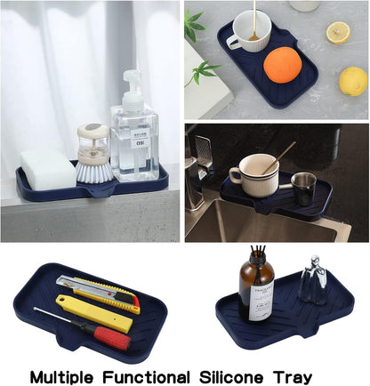 MicoYang Silicone Soap Dish with Drain Spout, Self-Draining Sink Organizer Tray for Bathroom and Kitchen, Sponges, Dispensers and Soap Holder, Non-Slip and Dishwasher Safe, Black (Compact, 4.9"×3.2")