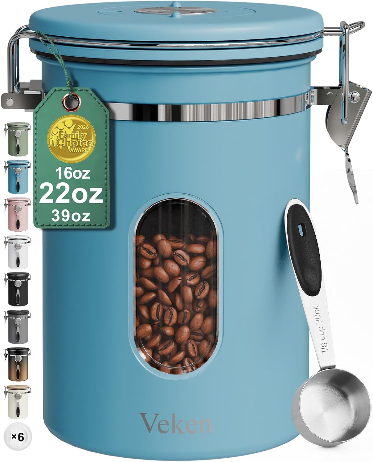 Veken Coffee Canister with Window,Airtight Stainless Steel Pantry Container,Home Kitchen Food Storage Organizers for Ground,Beans,Espresso,Rice,Tea,Sugar,Cereal, Decor,Bar Accessories,Gifts,22OZ,Black