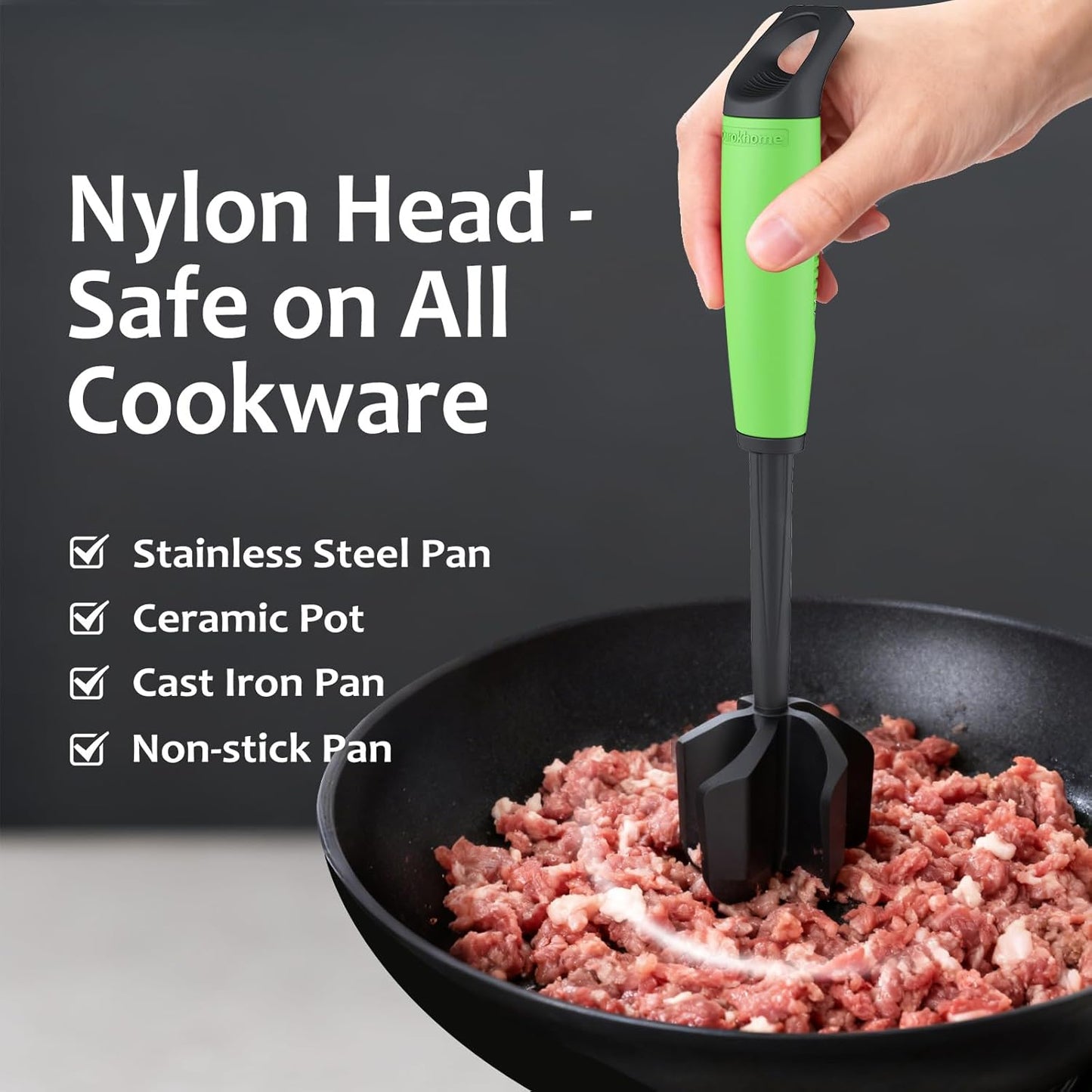 Ourokhome Meat Chopper and Potato Masher, Heat Resistant Nylon Ground Beef Smasher for Hamburger, 5 Curved Blades Nonstick Mixer & Stirrer, Practical Kitchen Gadgets, Black