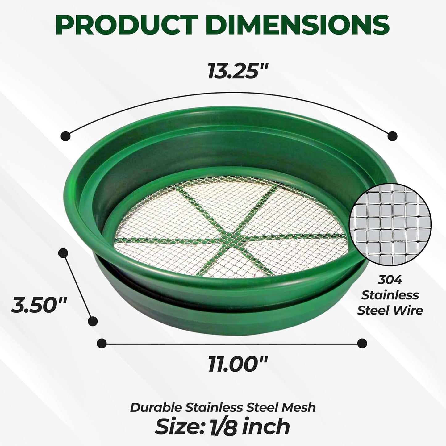 SE 13.25 Inch Wide Stackable Classifier Gold Prospecting Pan - 1/8 Inch Stainless Steel Mesh Sifting Pan, Green