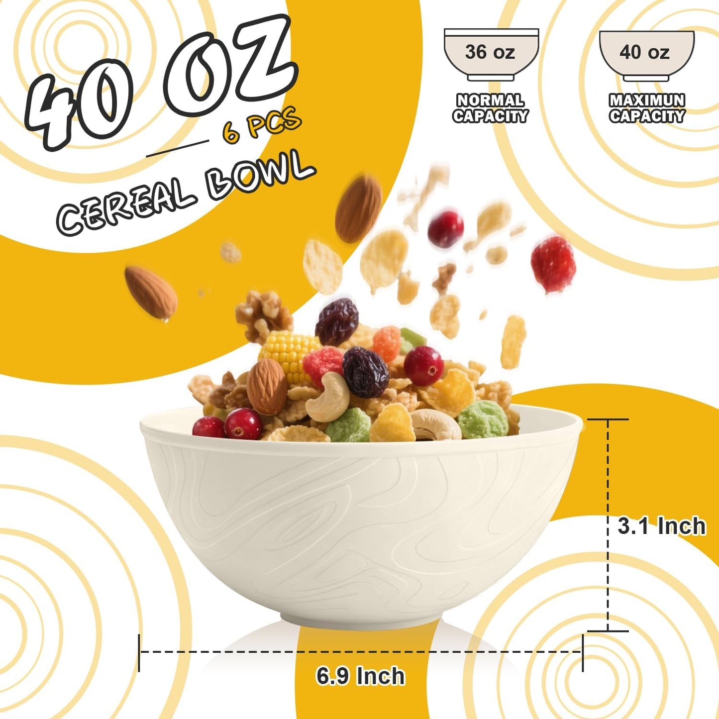 Wheat Straw Bowls Set with Lids, Unbreakable 40 OZ Cereal Bowls Set of 4, Salad Container for Lunch, Microwave & Dishwasher Safe Bowl Set for Kitchen, Picnic, RV, Camping, Multi