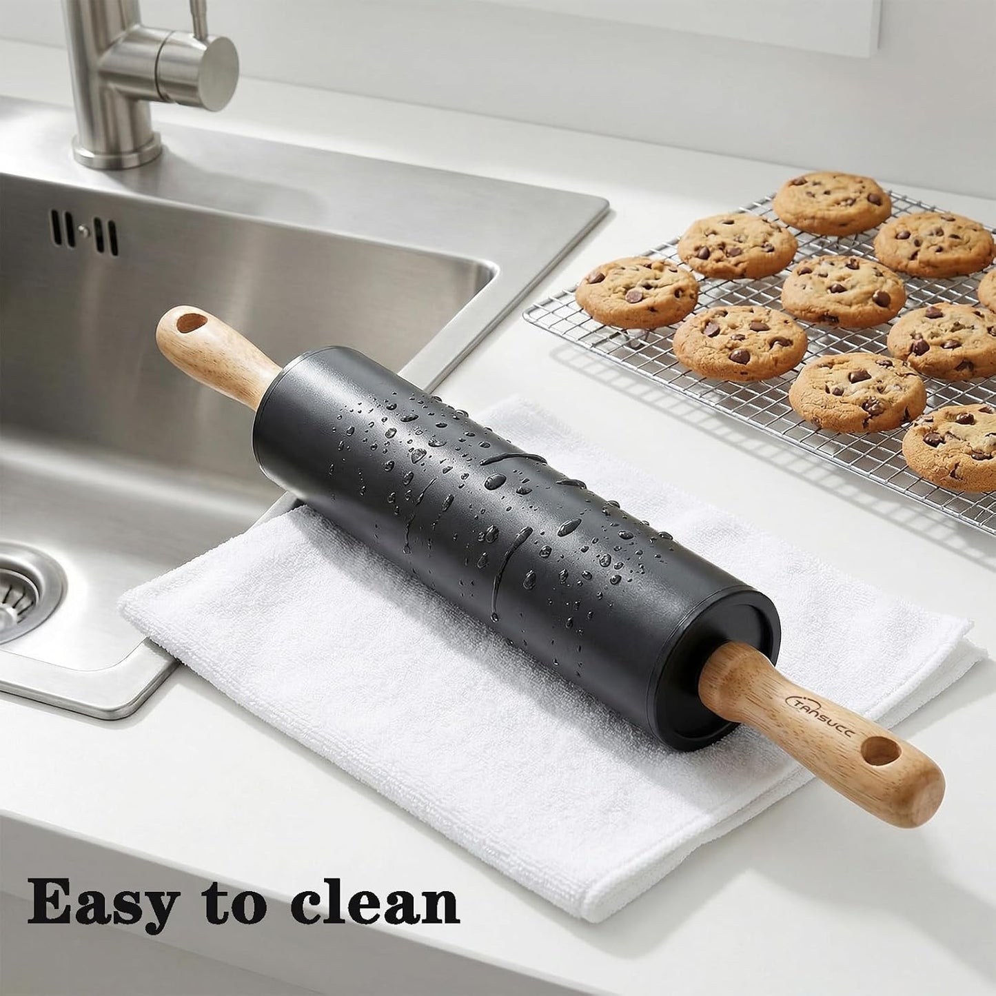 Stainless steel rolling pin by Tansucc, with wooden comfortable handle, non stick rolling pin for baking pastries, bread, and pizza.