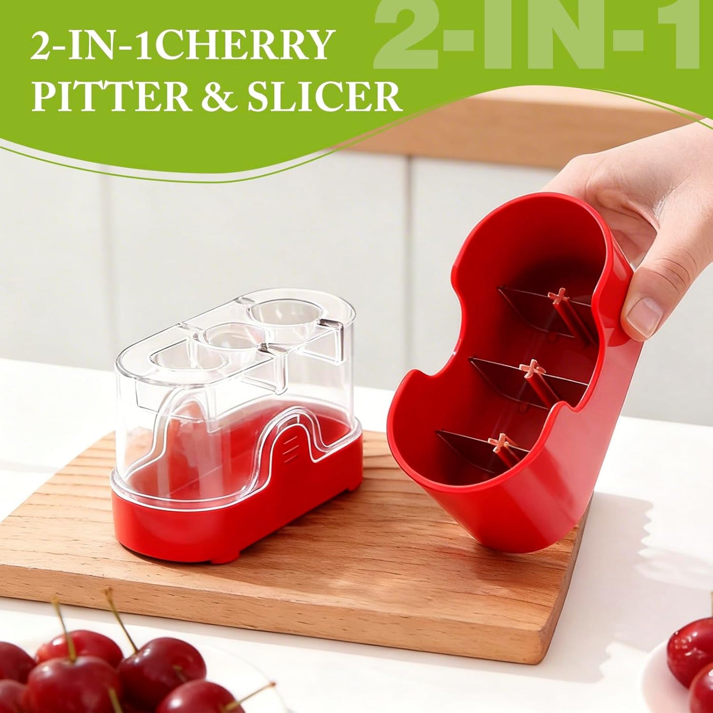 3-in-1 Cherry Pitter and Slicer, Manual Cherry Core Remover Tool Cuts Cherries in Half, for Kitchen Baking Making Cherry Jam Saving Time & Effort(Red)