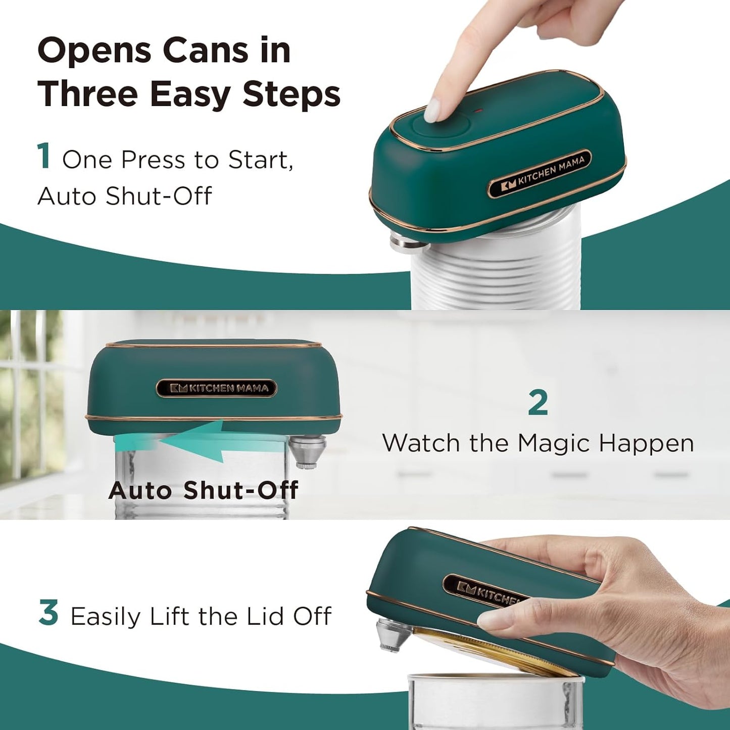 Kitchen Mama Orbit One Rechargeable Electric Can Opener: Hands-free, USB-C Charging, Automatic Stop, Smooth Edge, Safety, Blade for Large Cans, Heavy Duty, Soda and Pop Can, with Storage Box (White)