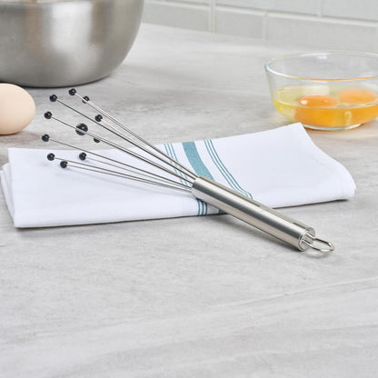 Restaurantware 10.5 in Stainless Steel Ball Whisk - German Standard Egg Beater with Ergonomic Handle, Dishwasher Safe - Manual Mixer Cooking Whisk for Baking, Stirring, Sauces, Beating