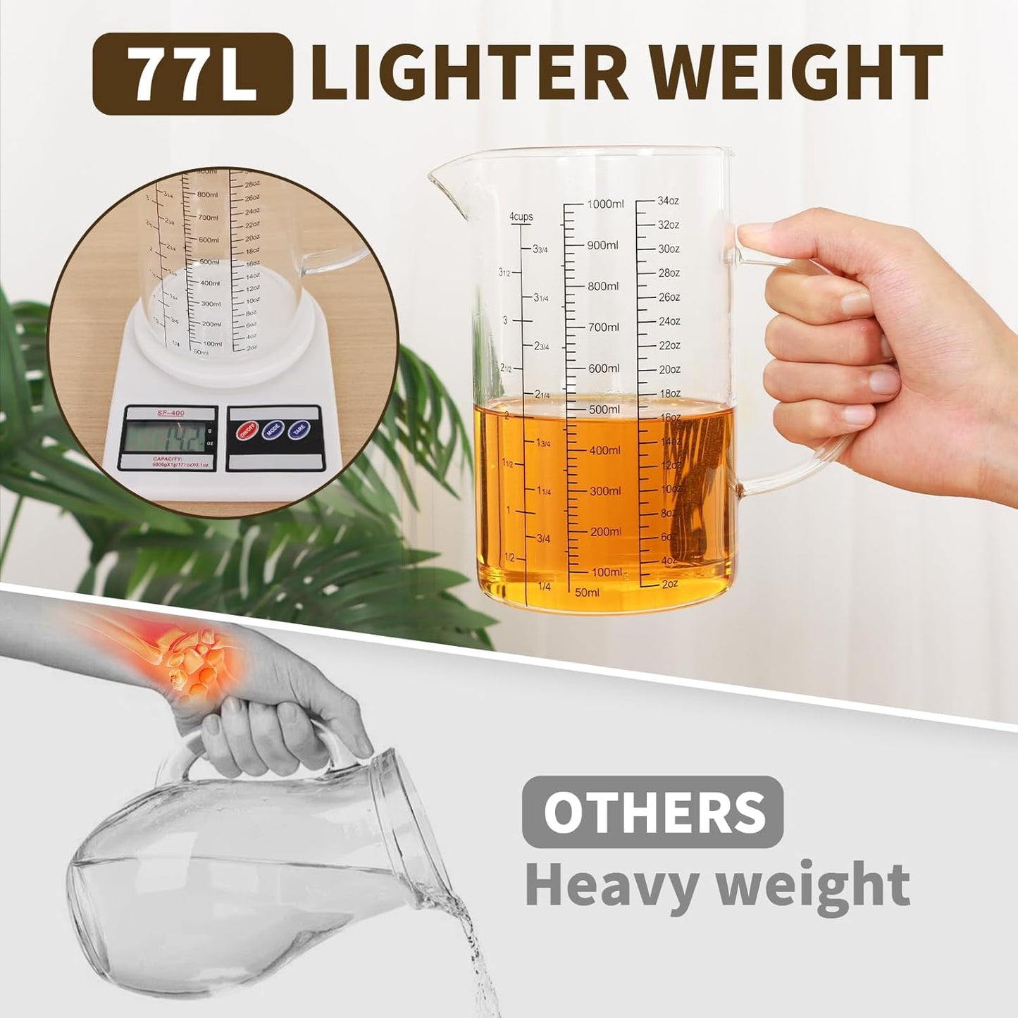 Glass Measuring Cup Set, 4-Cup/32oz (1000 ml) + 12oz (350 ml) Graduated Pitchers with Handle & Drip-Free Spout, Fine Mesh Strainer & Cleaning Brush for Liquid Measuring, Baking, Cold Brew