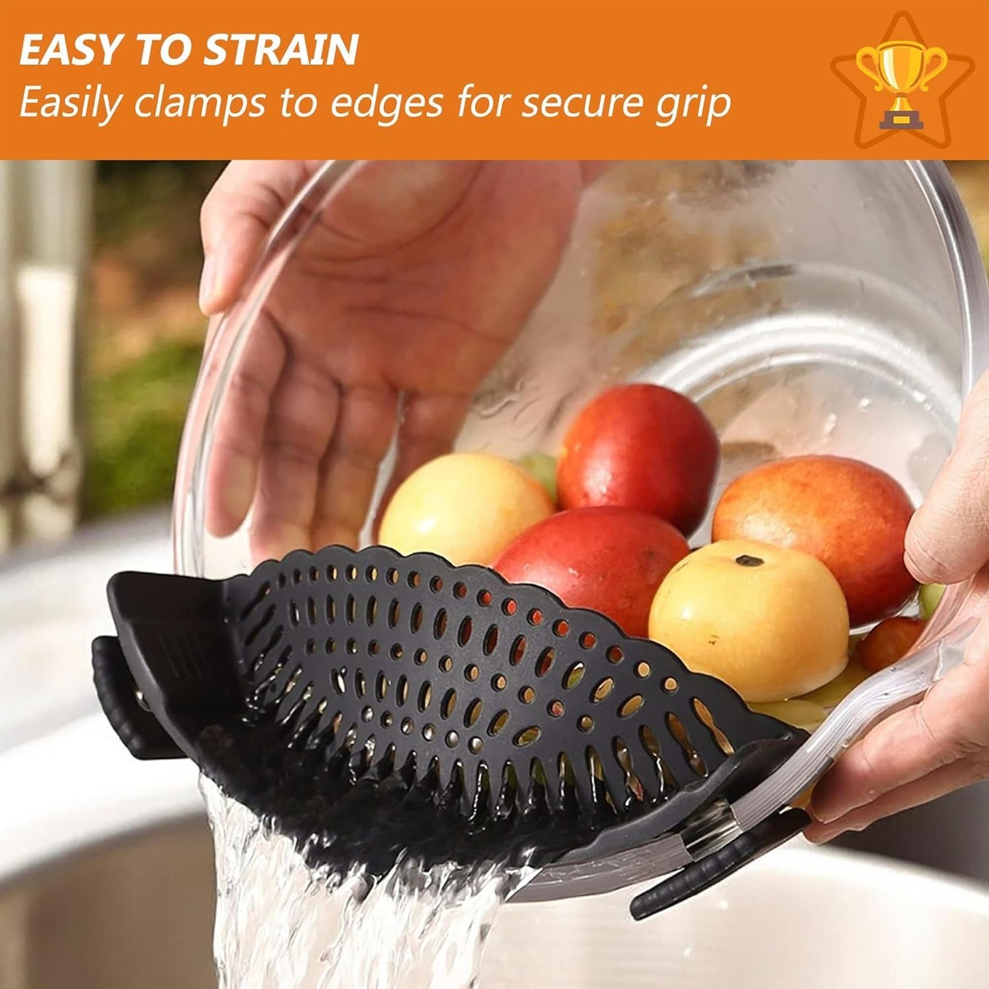 Clip On Strainer Silicone for All Pots and Pans, Pasta Strainer Clip on Food Strainer for Meat Vegetables Fruit Silicone Kitchen Colander (Grey)
