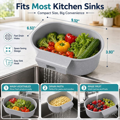 Kitchen Sink Strainer Basket with Handle – Over Sink Colander for Rinsing Fruits Vegetables Draining Pasta Defrosting Food Air Drying Dishes – BPA-Free Dishwasher Safe – Blue 9.5"×6.5"×3.9"