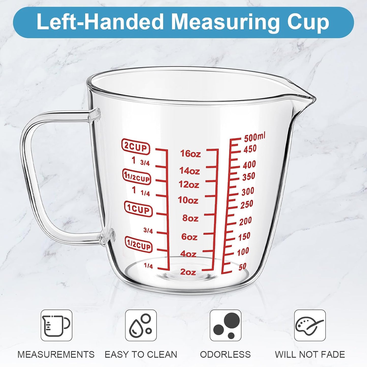 Baderke Left Handed Glass Measuring Cup 2 Cup Clear 16 oz Measuring Beaker with Handle and V Shaped Spout 500 ml for Kitchen, Restaurant, Liquid, Easy to Read, Red Measurements