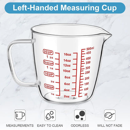 Baderke Left Handed Glass Measuring Cup 2 Cup Clear 16 oz Measuring Beaker with Handle and V Shaped Spout 500 ml for Kitchen, Restaurant, Liquid, Easy to Read, Red Measurements
