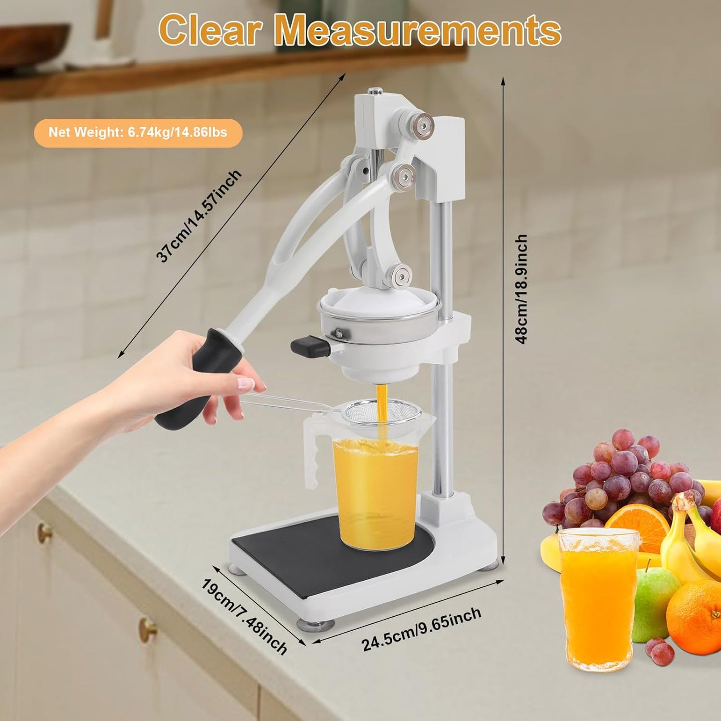 Cast Iron Juicer, Manual Juicer Hand Press Heavy Duty with Stable Base, Commercial Citrus Press for Orange Lemon Lime Grapefruit Pomegranate, Easy to Clean(Filter Bags & Cup)