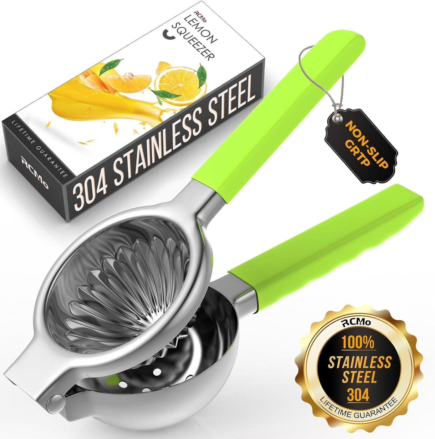 Stainless Steel Lemon Squeezer - Metal Citrus Juicer - Lime Lemon and Fruit Juicer with Silicone Handles - Large Manual Citrus Press Juicer - Hand Held Squeezer - Ergonomic Design with Solid