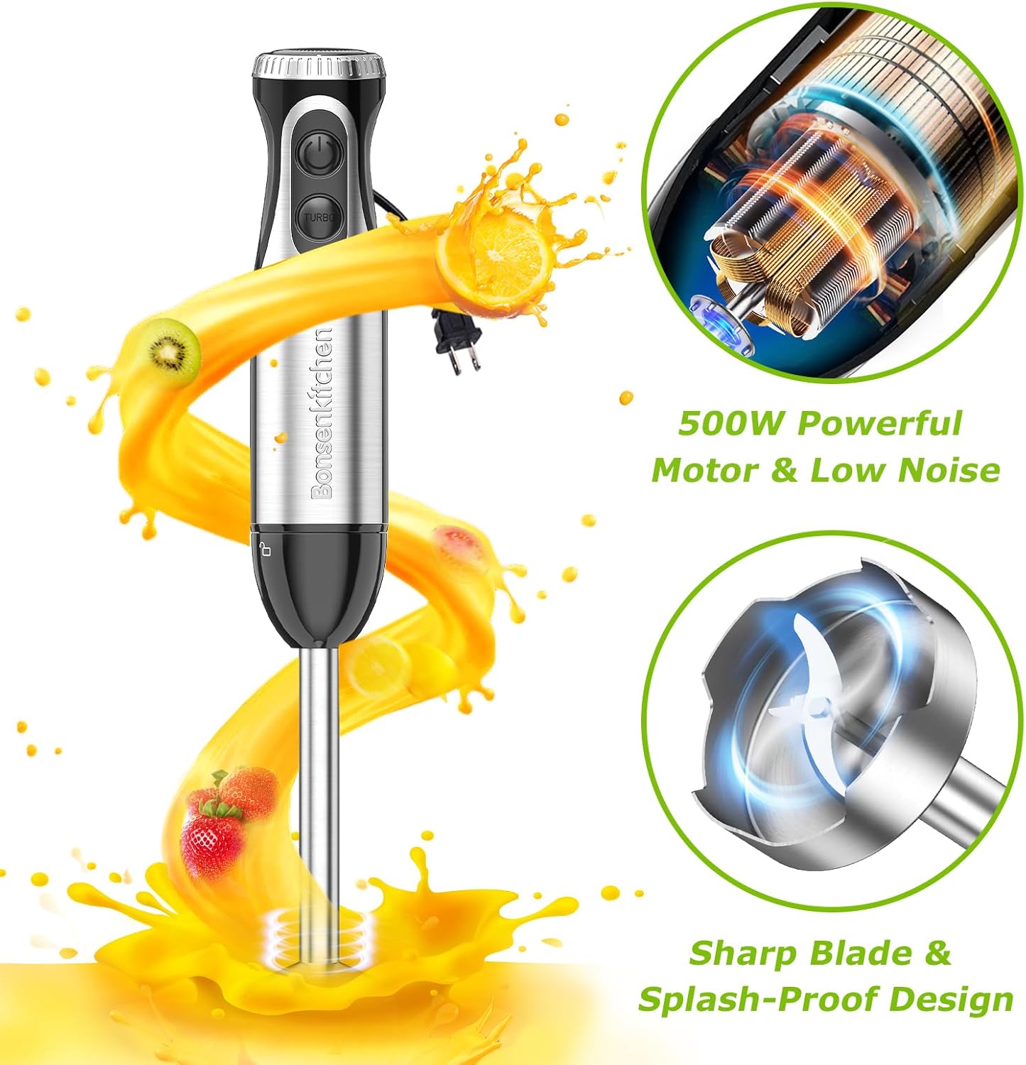 Bonsenkitchen Immersion Blender Handheld with Food Processor, 20 Speeds Hand Blender with Turbo Mode, Stainless Steel Blade, Egg Whisk, Beaker & Chopper Bowl, Hand Mixer for Smoothie, Soup, Baby Food