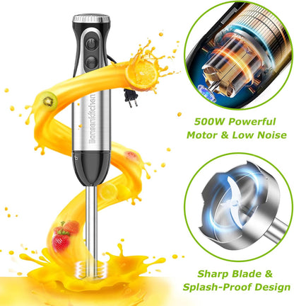 Bonsenkitchen Immersion Blender Handheld with Food Processor, 20 Speeds Hand Blender with Turbo Mode, Stainless Steel Blade, Egg Whisk, Beaker & Chopper Bowl, Hand Mixer for Smoothie, Soup, Baby Food