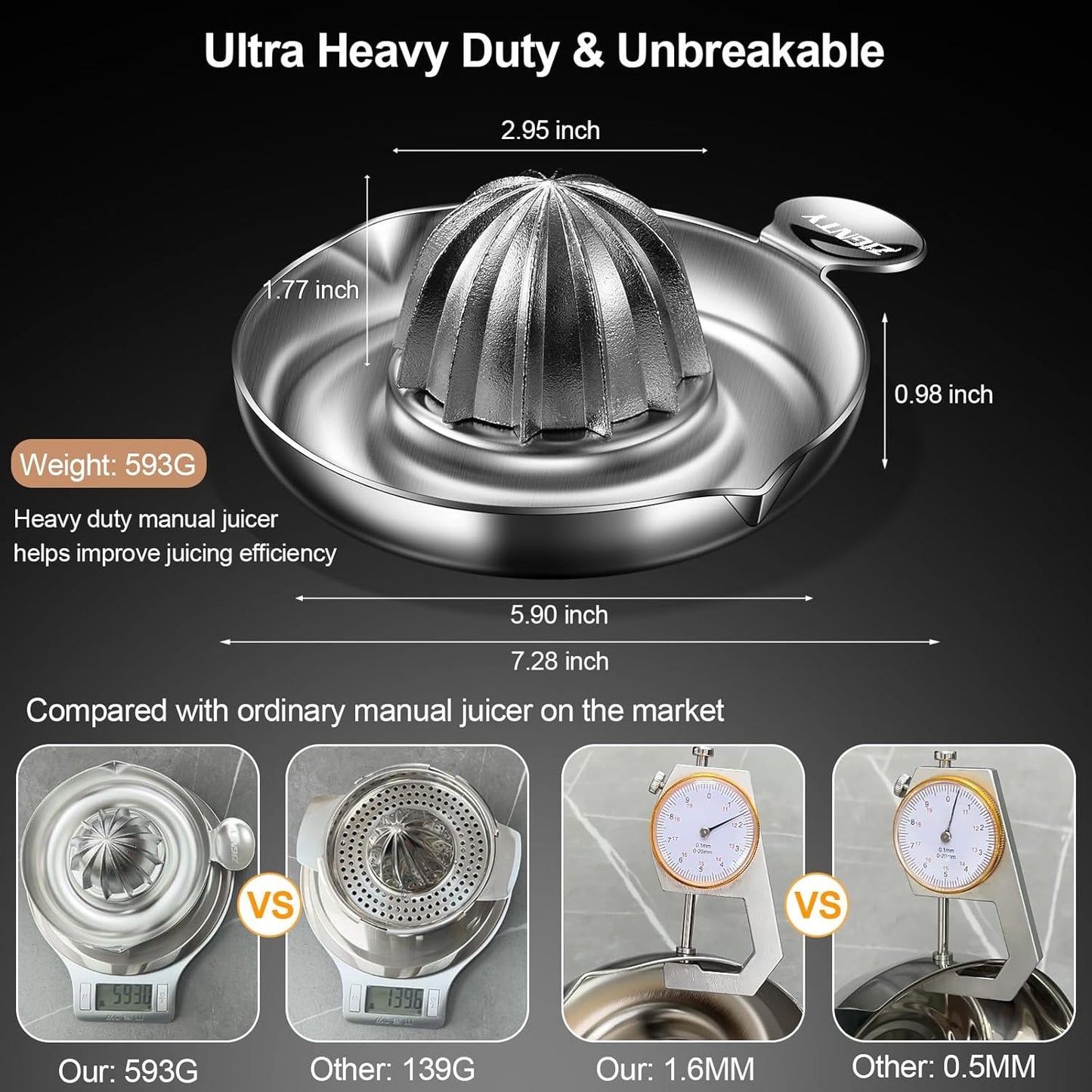 Lemon Squeezer Stainless Steel, Heavy Duty Hand Manual Citrus Juicer, Premium Orange Lime Fruit Squeezer, Robust Reamer Rotation 2 Pour Spout 200ML Container, Dishwasher Safe（5-Year Warranty）