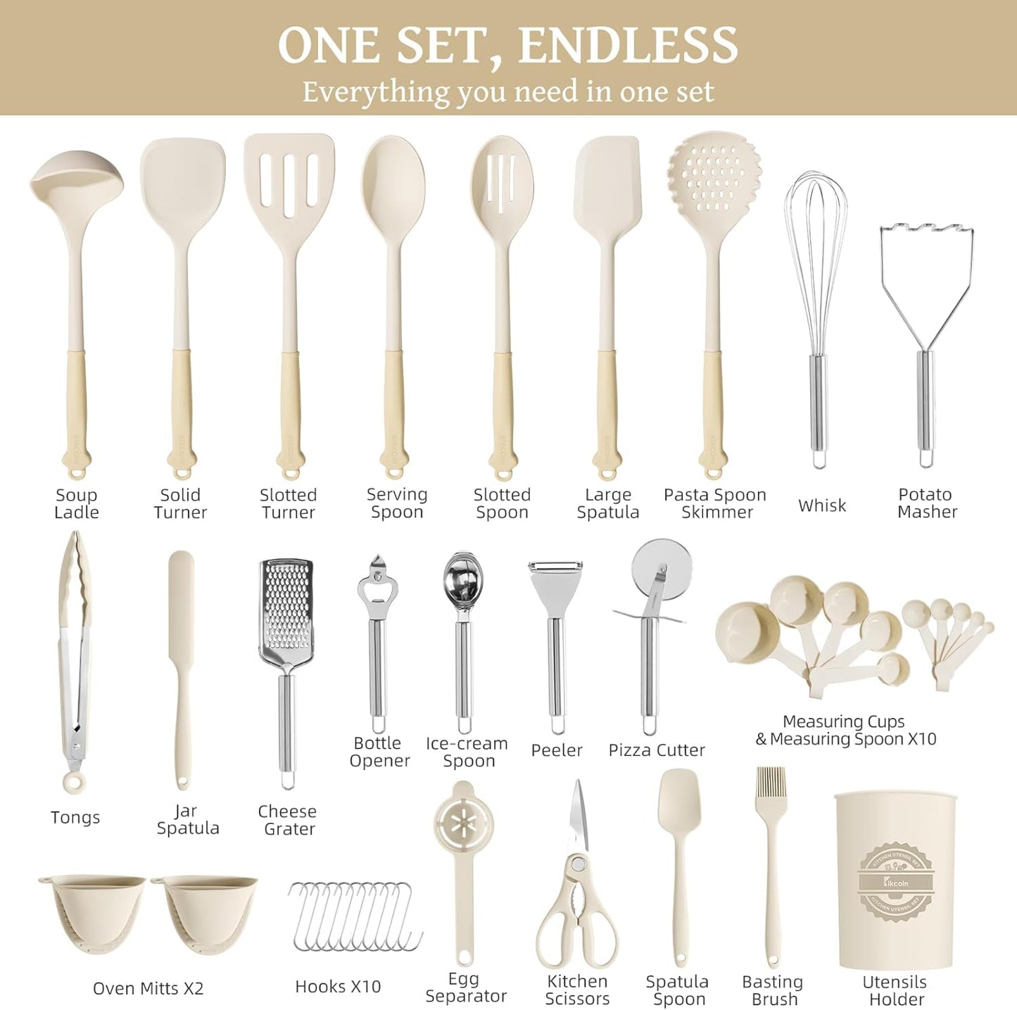 Kikcoin 43Pcs Large Kitchen Utensils Set - Silicone Cooking Utensils Set, Dishwasher Safe Spatula Set for Non-stick Cookware, 446°F Heat Resistant Kitchen Utensils Set with Holder BPA Free, Grey