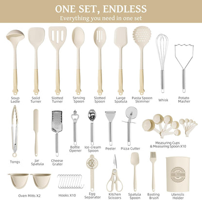 Kikcoin 43Pcs Large Kitchen Utensils Set - Silicone Cooking Utensils Set, Dishwasher Safe Spatula Set for Non-stick Cookware, 446°F Heat Resistant Kitchen Utensils Set with Holder BPA Free, Grey