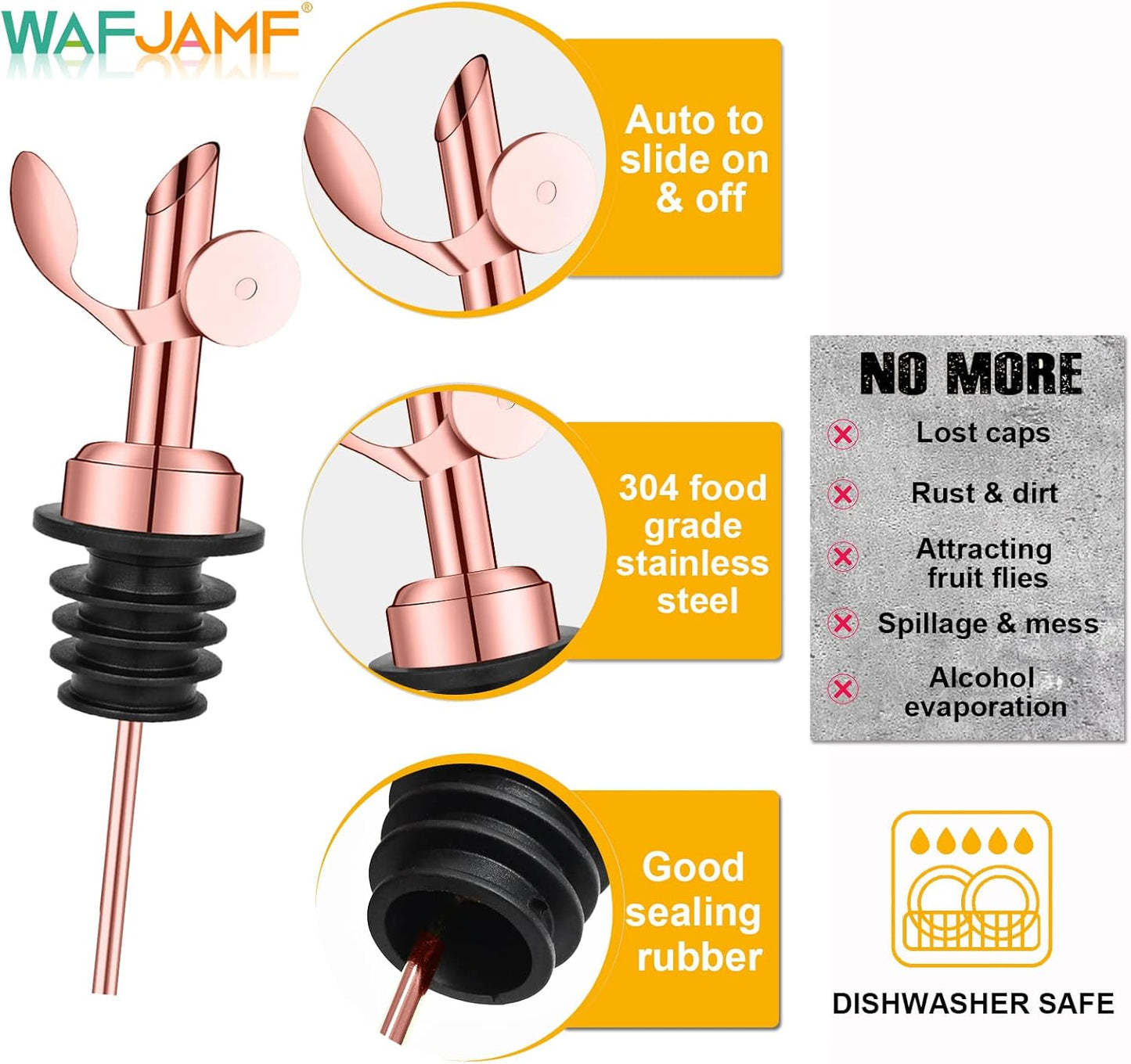 WAFJAMF 2 Pcs Weighted Stainless Steel Bottle Pourers, Self Closing Olive Oil Dispenser Spout, Auto Flip Feature Liquor Pour Spouts for Pours Liquid, Olive Oil, Wine, Vinegar (Gold)