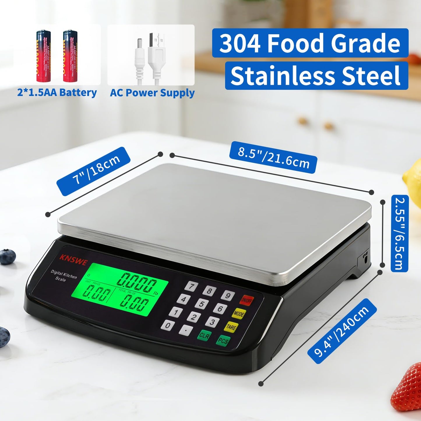 Commercial Food Scale 40KG Large Digital Kitchen Scale Baking Cooking Bread Meat Weight Price Computing Scale Stainless Steel Parts and Coins Counting Scale for Deli Stores Tare Function