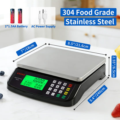 Commercial Food Scale 40KG Large Digital Kitchen Scale Baking Cooking Bread Meat Weight Price Computing Scale Stainless Steel Parts and Coins Counting Scale for Deli Stores Tare Function