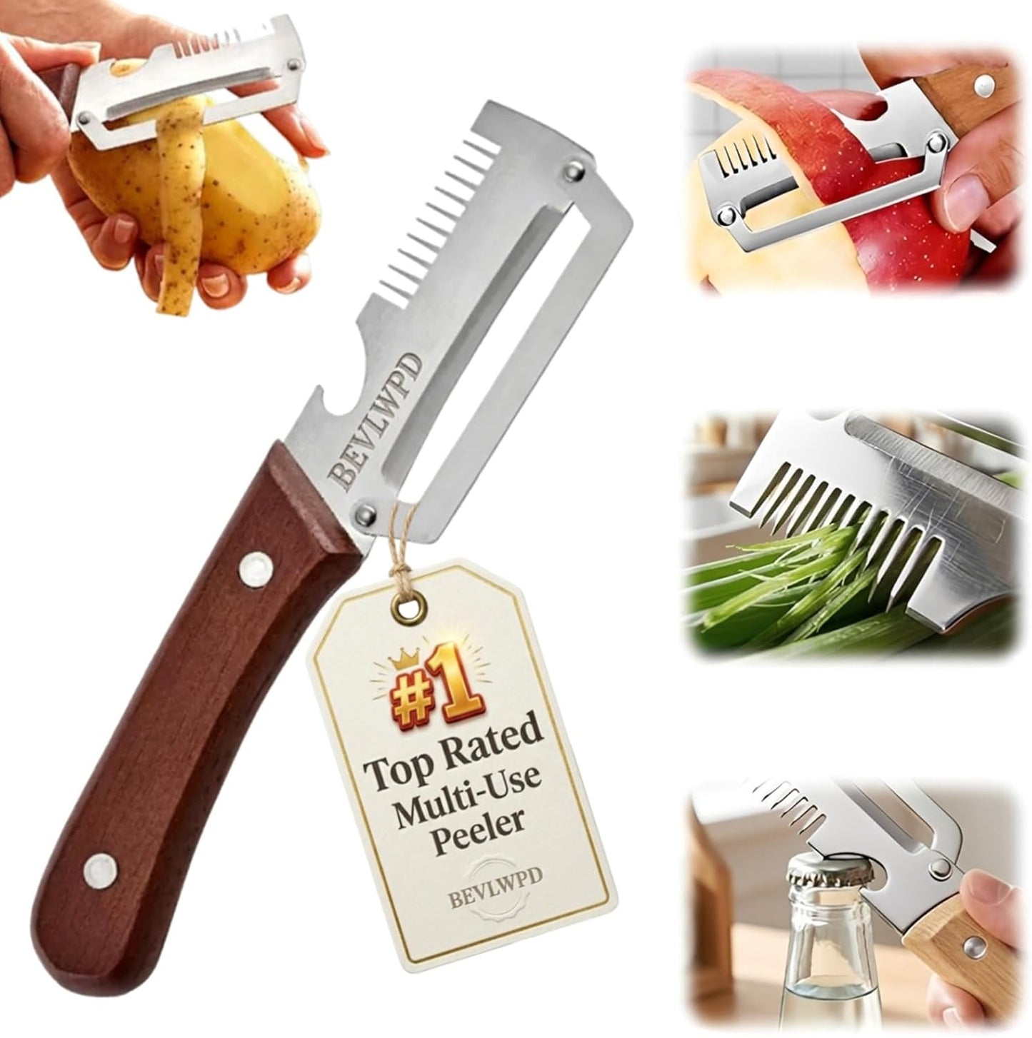 3-in-1 Scallion Shredder & Peeler Kitchen Multi-function Stainless Steel Thickened Fruit Peeling Knife Vegetable Wooden Handled Cutter Tool Zero Flex Veggie Carrot Cabbage Potatoes Peelers(2PCS)