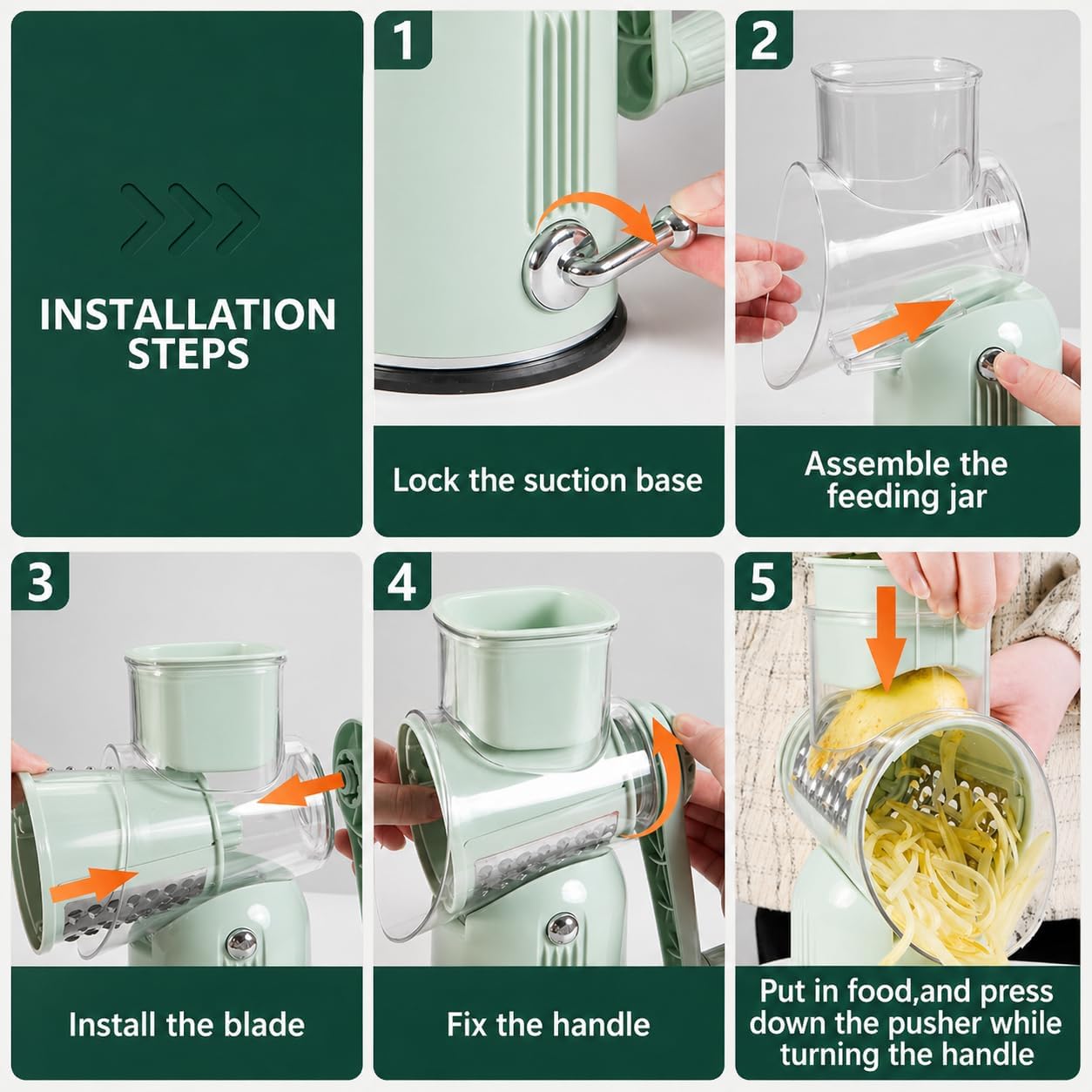 5 in 1 Rotary Cheese Grater with Hand Crank, 5 Replaceable Blades, Strong Suction Base, Multi-Functional Vegetable Slicer Shredder Chopper with Blade Storage Box for Fruit Vegetables Nuts(Green)