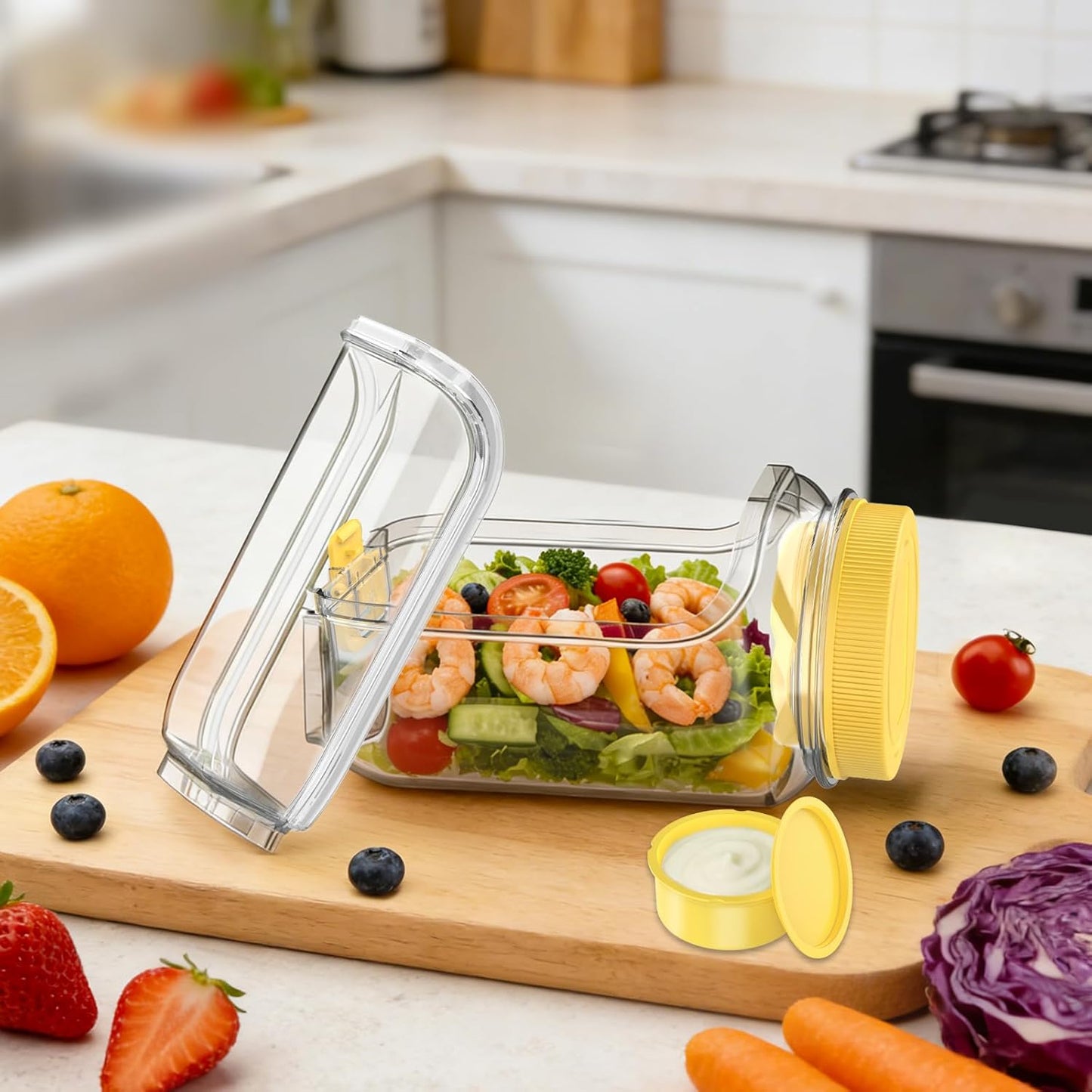 FNHMSL Side-Opening Mason Salad Jar, Portable (35 oZ) 1000ml Salad Container with Leakproof Dressing Cup, Includes Spoon and Cleaning Brush, Perfect for Meal Prep, Gym, Office, Picnic and Travel