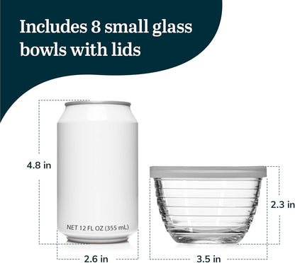 Libbey Small Glass Prep Bowls with Lids, Set of 8, 6.25 oz Small Bowls- Ideal for Leftovers, Meal Prep & Dips, Durable & Dishwasher Safe