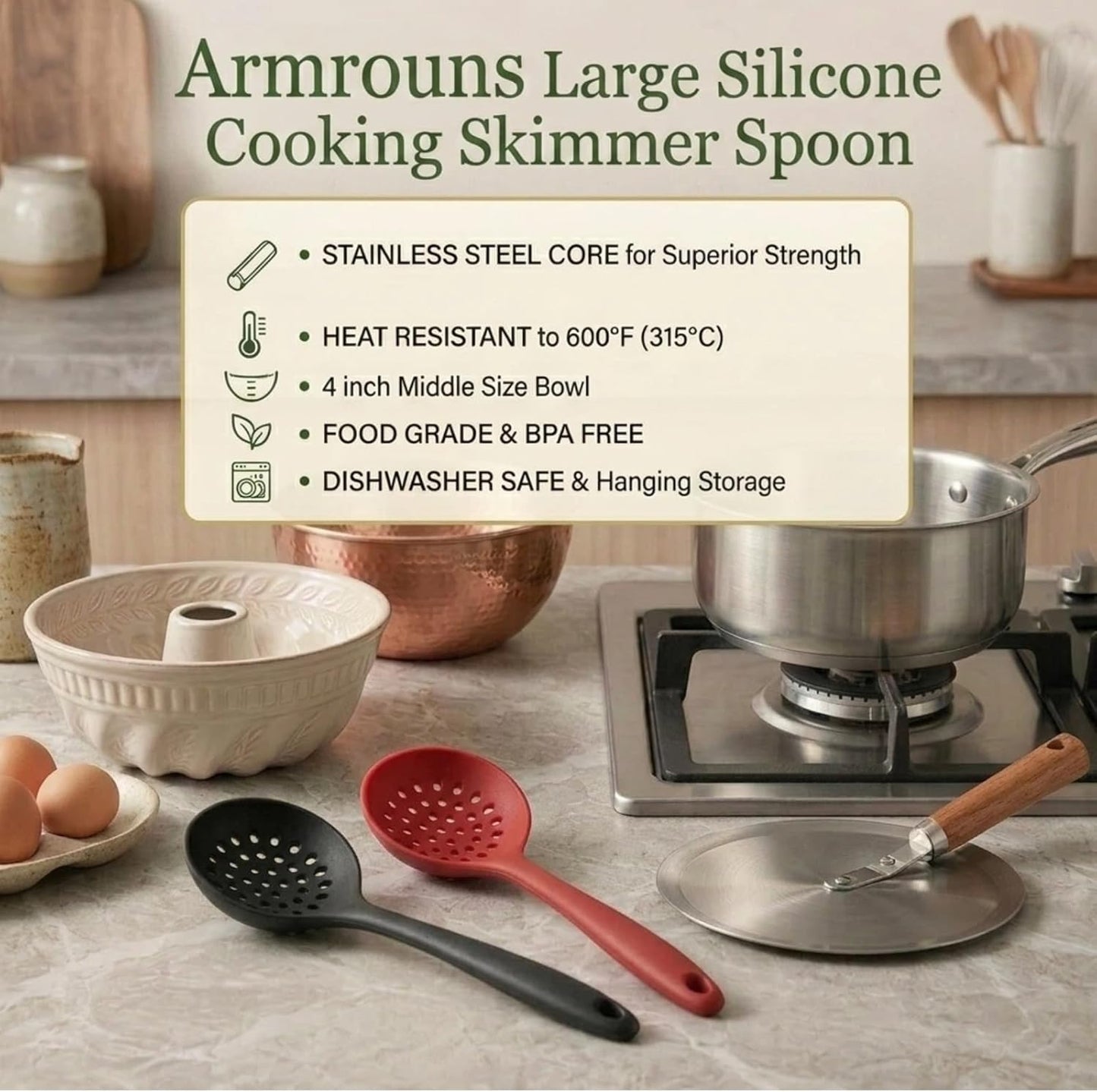 Skimmer Slotted Spoon 2PC Set, Heat Resistant 600 °F Slotted ladle Spoons For Kitchen Cooking. (Black & Red)