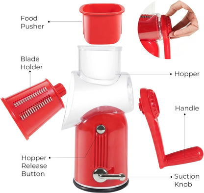 Rotary Cheese Grater Manual Hand Crank with 5 Blades & Suction Base, Kitchen Vegetable Shredder Slicer for Veggie, Nuts, Fruit, Cream