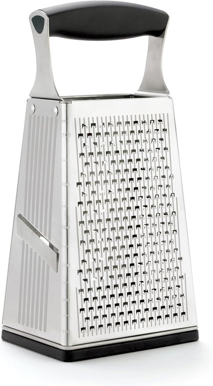 Cuisipro Stainless Steel Cheese Grater with Handle, 4 Sided Box Grater for Kitchen, Ginger Grater Dishwasher Safe, Fruit and Vegetables Slicer, Cheese Shredder for Potato, Chocolate, Parmesan, Ginger