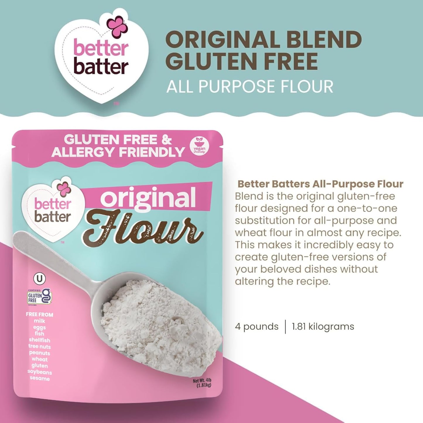 Better Batter Original Blend Multipurpose Gluten Free Flour 2.5lb – Certified GFCO, Vegan, Kosher, Non-GMO – Top 9 Allergen Free, Award Winning Cup-for-Cup Baking Alternative to Regular Wheat Flour