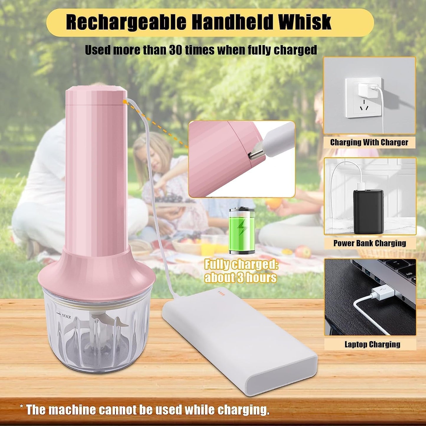 Cordless Hand Mixer MixgoII, Handheld Mixer Electric Whisk & Milk Frother, Hand Held Mini Mixers, Rechargeable Hand Mixer and Whisker, Food Processor for Cooking, Food Chopper, 4-Speed, 10Oz