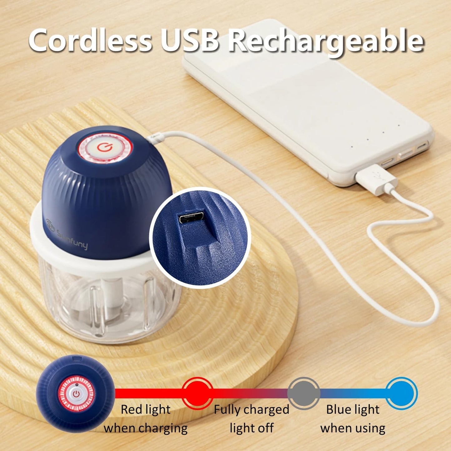 Mini Garlic Chopper, 250ml Small Food Processor Cordless 1 Cup, Battery USB-C Rechargeable Electric Food Chopper Wireless, Portable Garlic Grinder Masher,Veggie Meat Blender Mincer Kitchen Mixer,White
